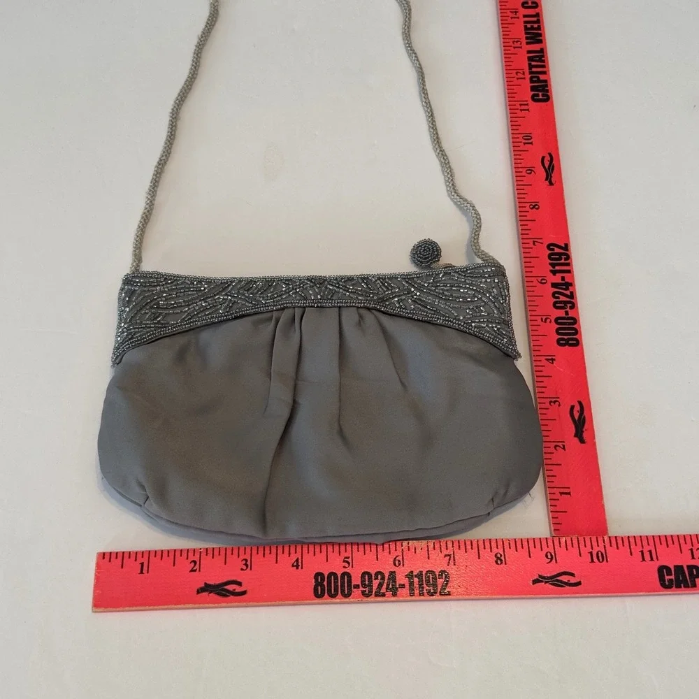 Genie Gray Satin Beaded Evening Bag Shoulder Clutch‎ Braided Strap Korea Vintage